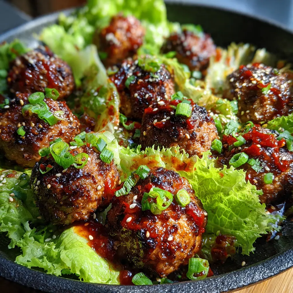 Korean BBQ meatballs served over steamed rice with quick-pickled cucumbers on the side