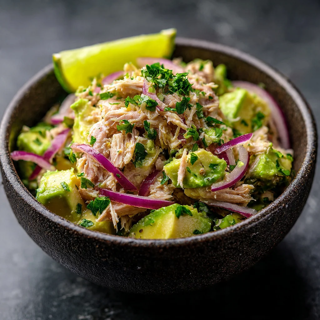 Fresh ingredients for avocado tuna salad including tuna, avocados, lime and herbs