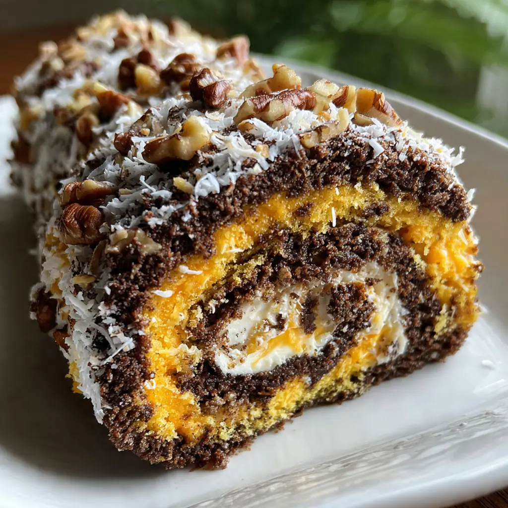 Whole German Chocolate Cake Roll garnished with shredded coconut and pecans on a rustic serving platter