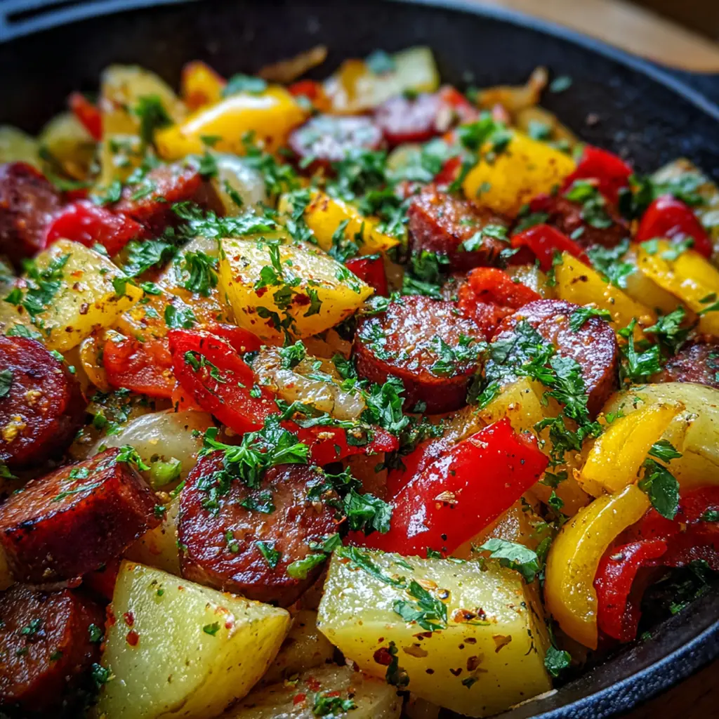 Overhead view of a finished skillet dinner garnished with fresh green onions and parsley