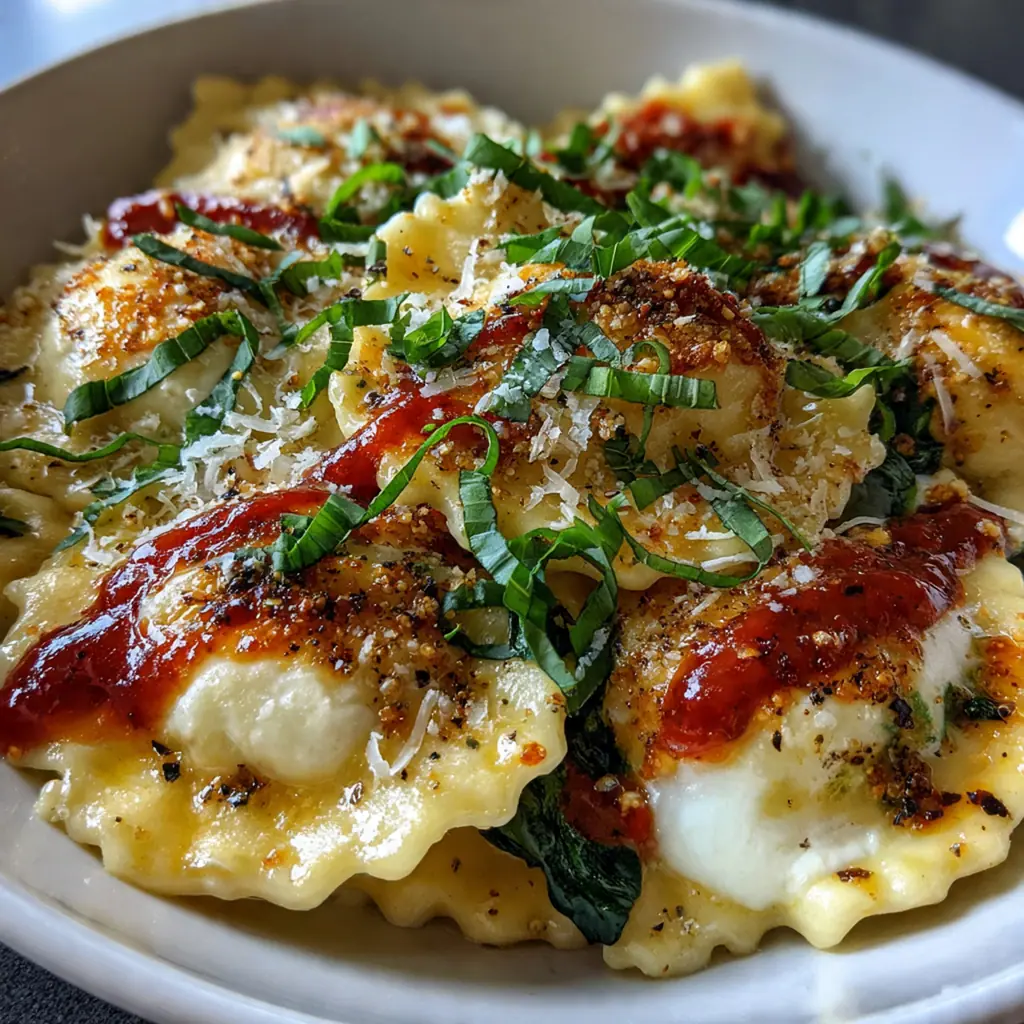 A beautiful dinner plate of million dollar cheese ravioli with extra grated Parmesan and fresh parsley garnish