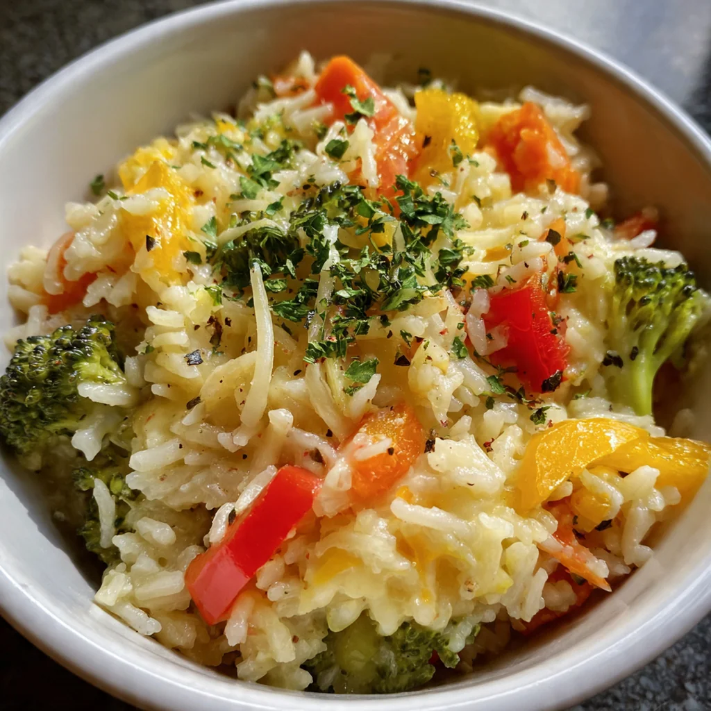 Close-up view of fluffy rice mixed with peas, carrots, bell peppers, and zucchini topped with cheese