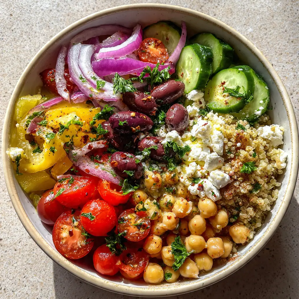 Fresh ingredients for Mediterranean bowls including quinoa, chickpeas, tomatoes, cucumber, and olives