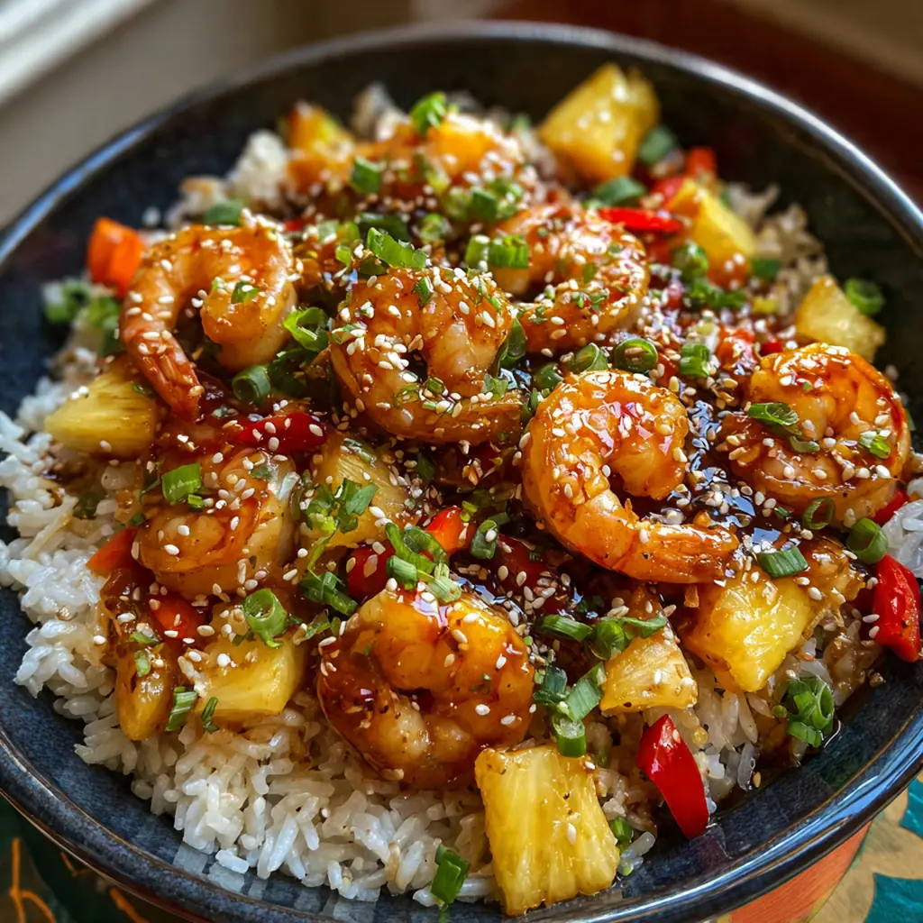 A beautifully garnished bowl of teriyaki shrimp pineapple rice with green onions and sesame seeds, ready to serve