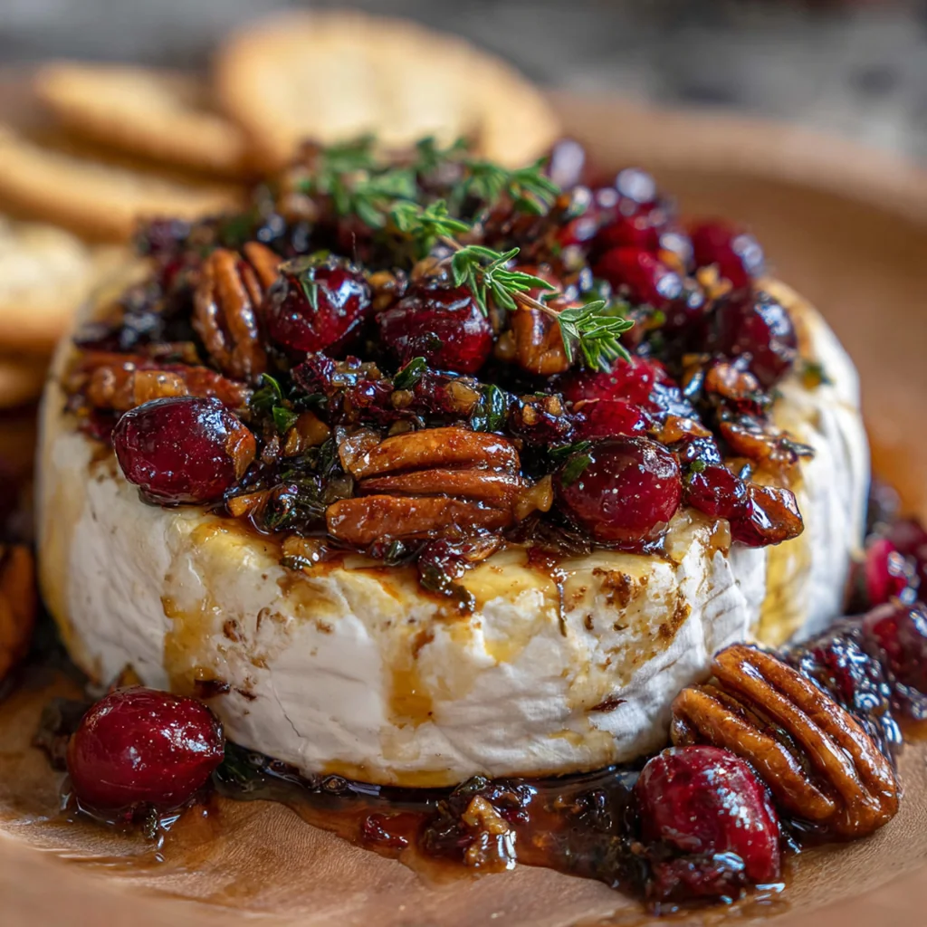 Gooey slice of baked brie being lifted with a cracker, revealing the soft interior