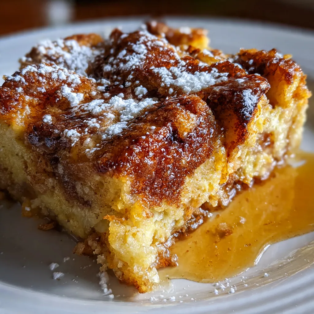 A full brunch plate with a slice of French toast casserole, fresh berries, bacon, and a drizzle of maple syrup