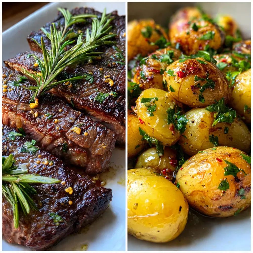 A dinner plate featuring garlic steak potatoes next to a juicy grilled steak and fresh asparagus