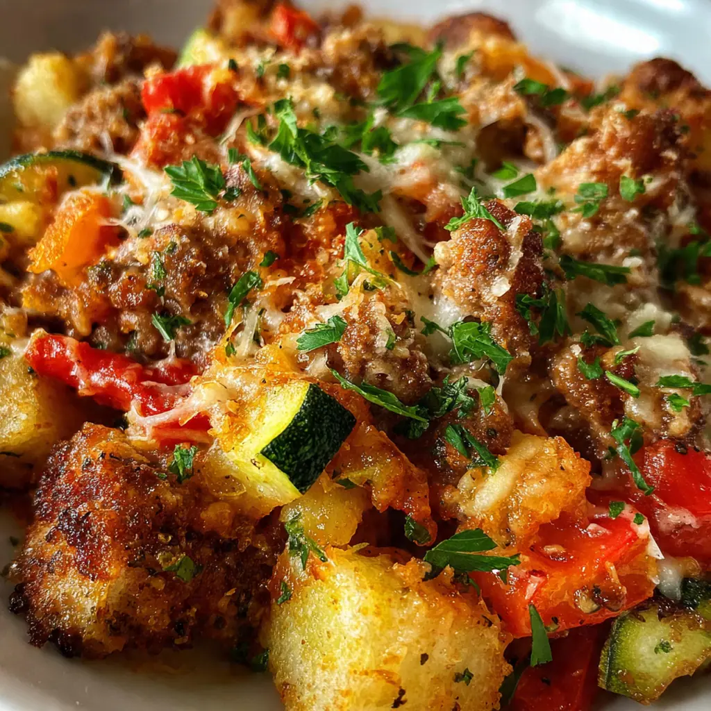 Close-up of a serving spoon lifting a portion showing tender noodles, beef, and vegetables