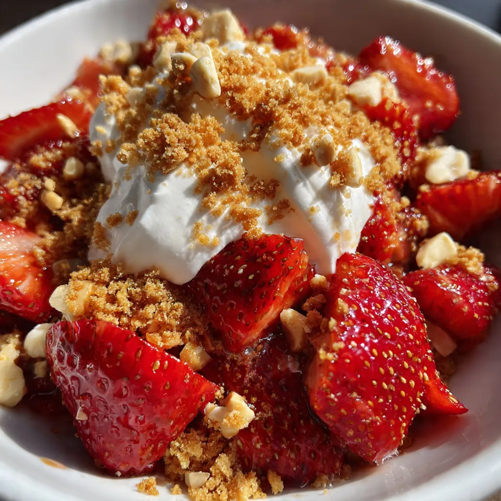 Close-up of the strawberry crunch mixture with freeze-dried strawberry bits and buttery golden crumbs
