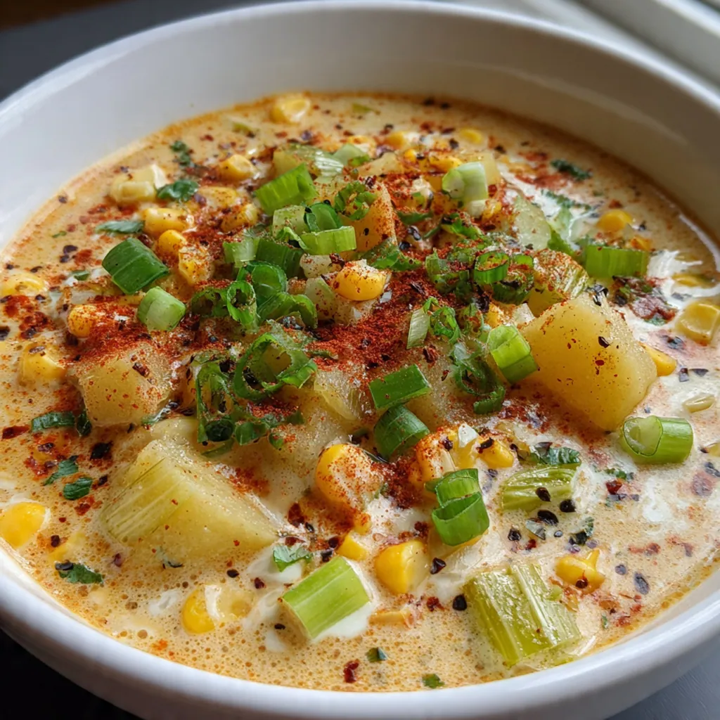 Close-up spoonful of thick, creamy chowder showing the rich texture and sweet corn pieces