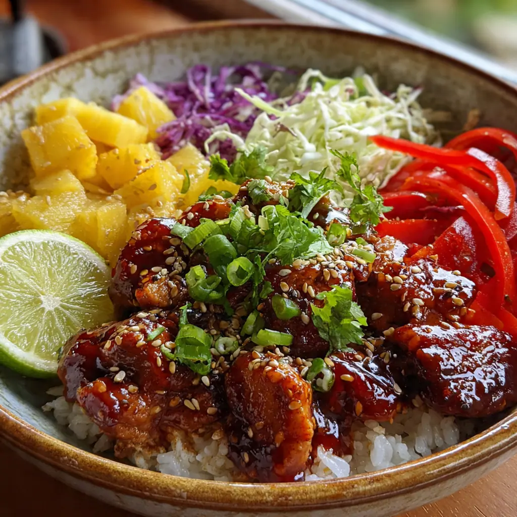 Close-up of sticky Huli Huli chicken thighs fresh off the grill with grill marks