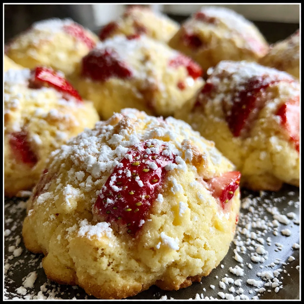 A stack of lychee strawberry cookies garnished with edible rose petals on a rustic plate