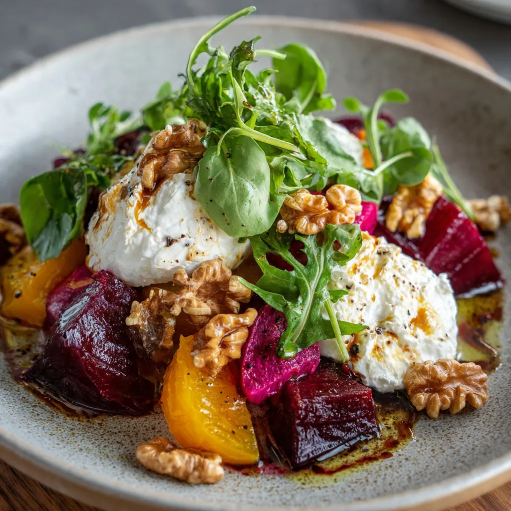Close-up of creamy burrata melting over warm roasted beet wedges with toasted walnuts