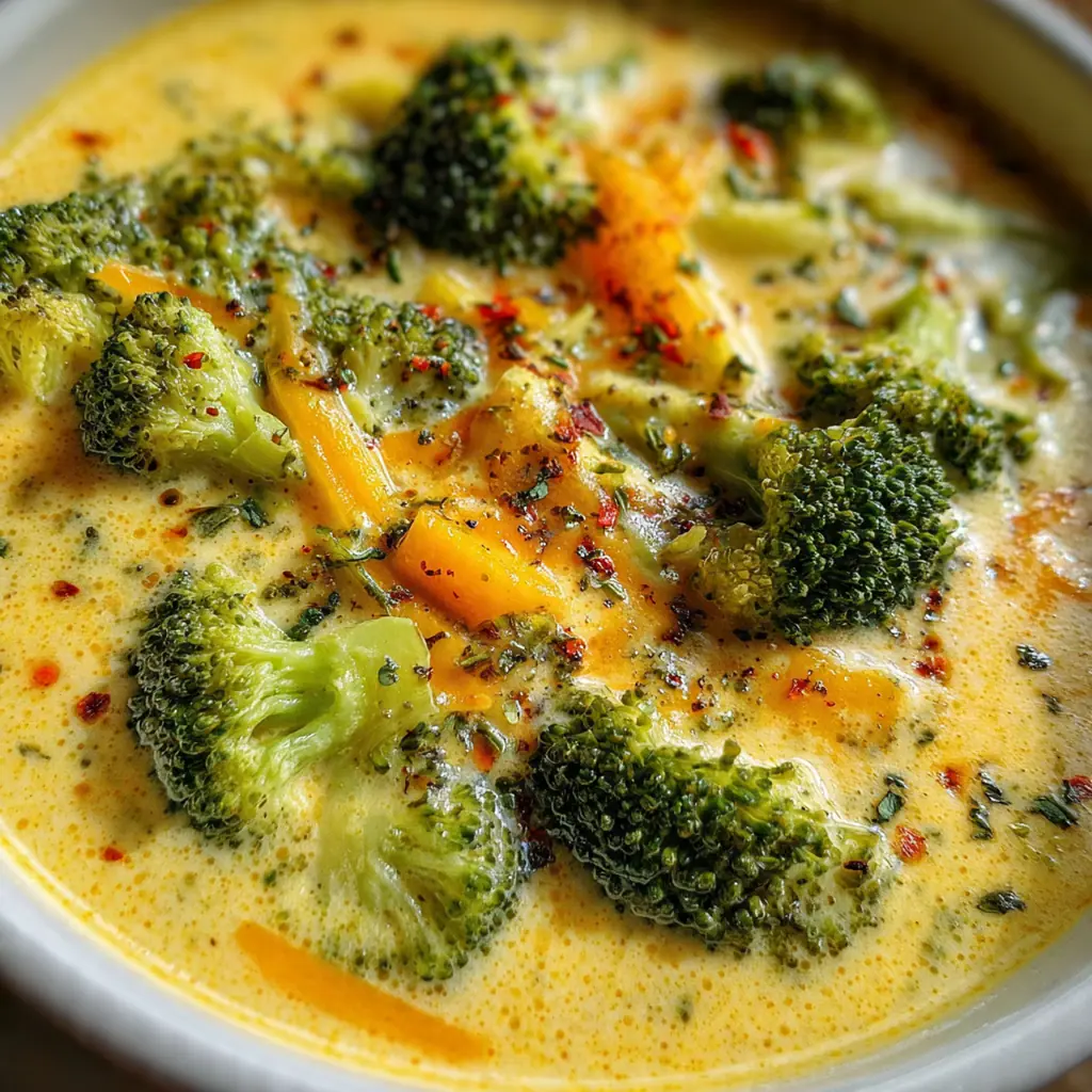 Close-up of a spoonful of rich broccoli cheddar soup with melted cheese and fresh herbs
