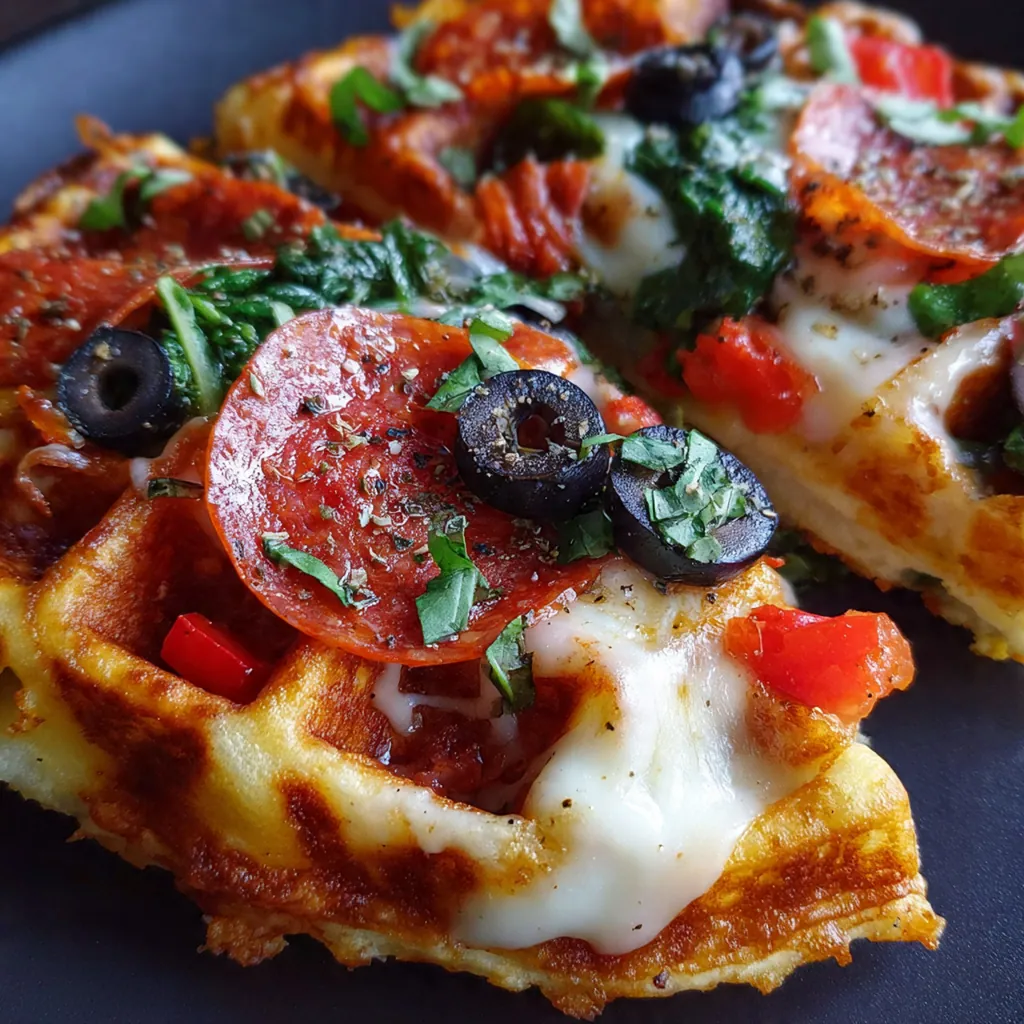 A platter of pizza stuffed waffles served with a side salad and dipping sauces