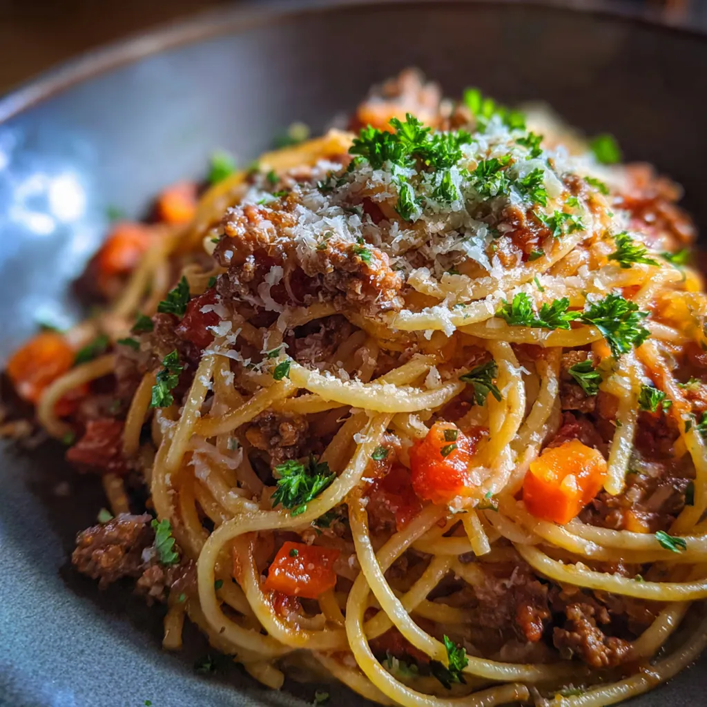 A beautifully plated bowl of Classic Spaghetti Bolognese topped with fresh parsley and grated Parmesan cheese