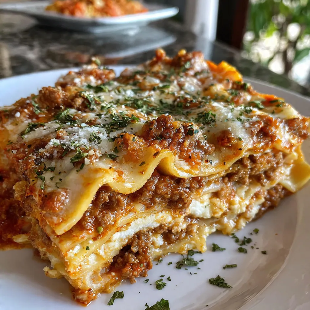 Close-up of a golden, bubbly cheese top on a lasagna fresh from the oven with fresh basil garnish