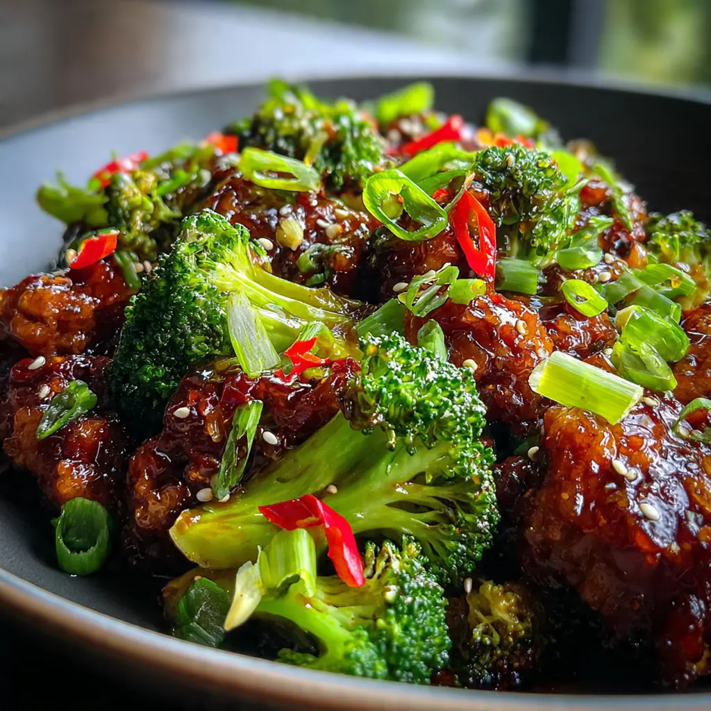A complete dinner plate with bourbon chicken broccoli served over a mound of fluffy white rice