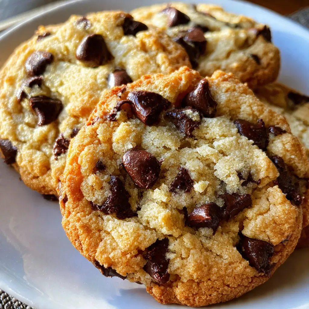 A stack of soft chocolate chip pudding cookies on a rustic wooden plate