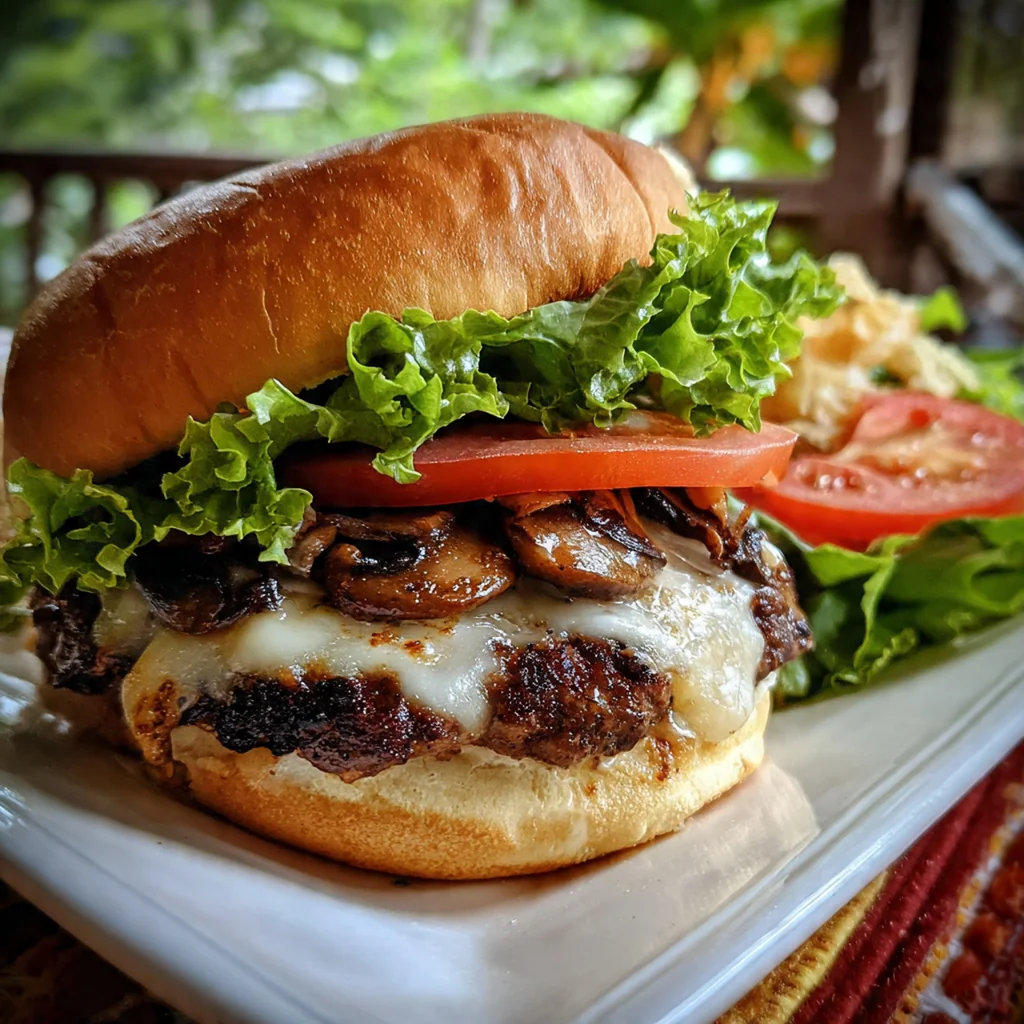 Gourmet Mushroom Swiss Burger plated with crispy fries and a side of arugula salad