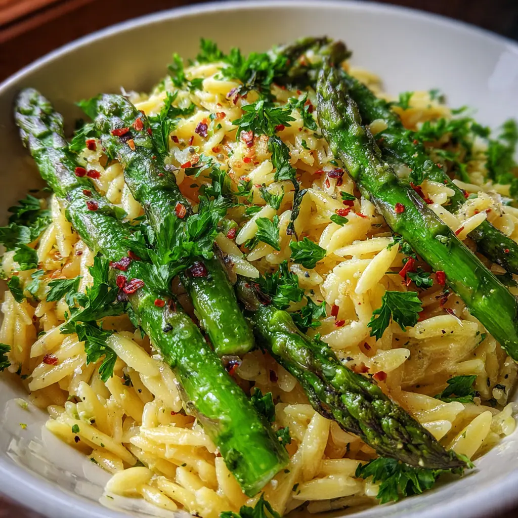Overhead shot of a complete dinner plate with garlic butter asparagus orzo and a simple arugula salad