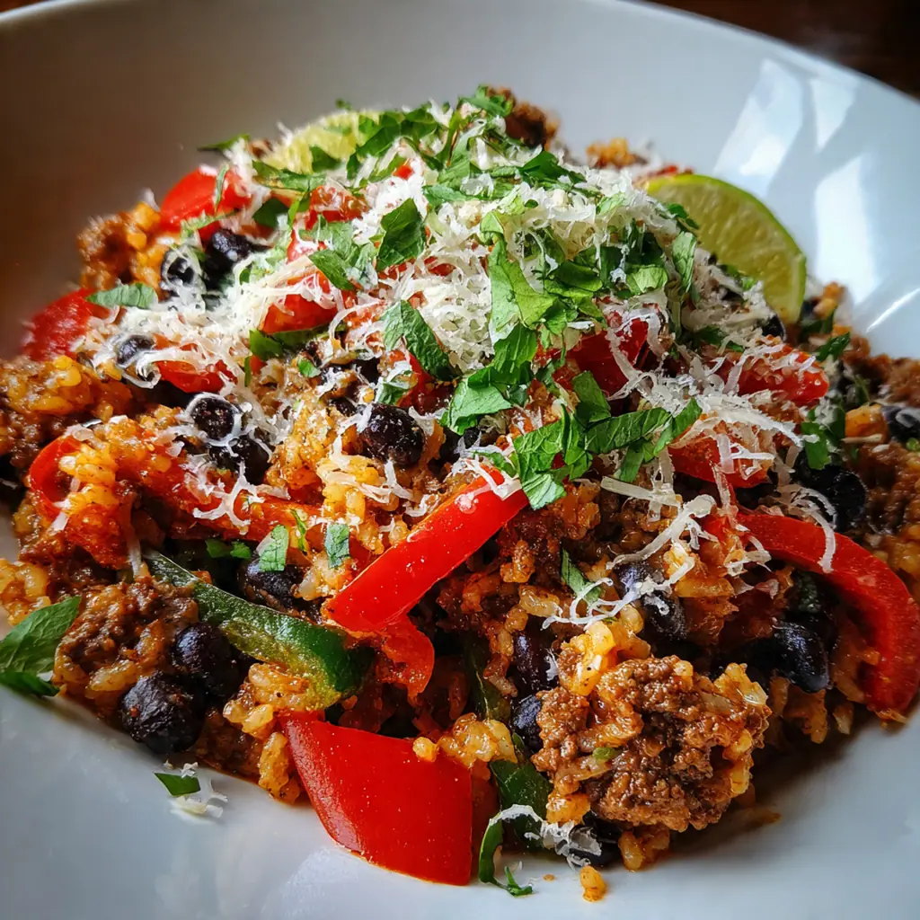Close-up of a serving spoon scooping into the casserole, showing the lean beef and fluffy rice
