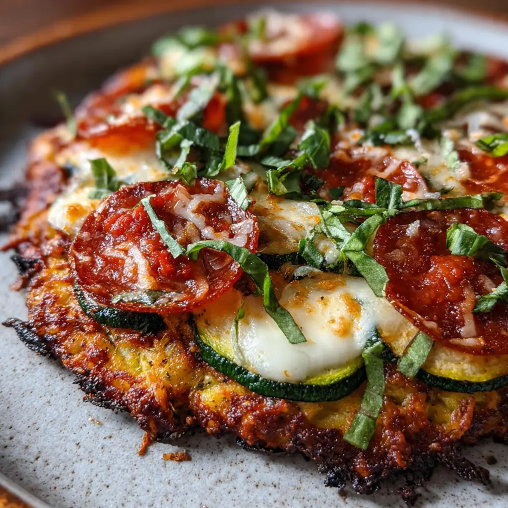 Close-up of a golden zucchini pizza bite with bubbly cheese and a sprinkle of Parmesan