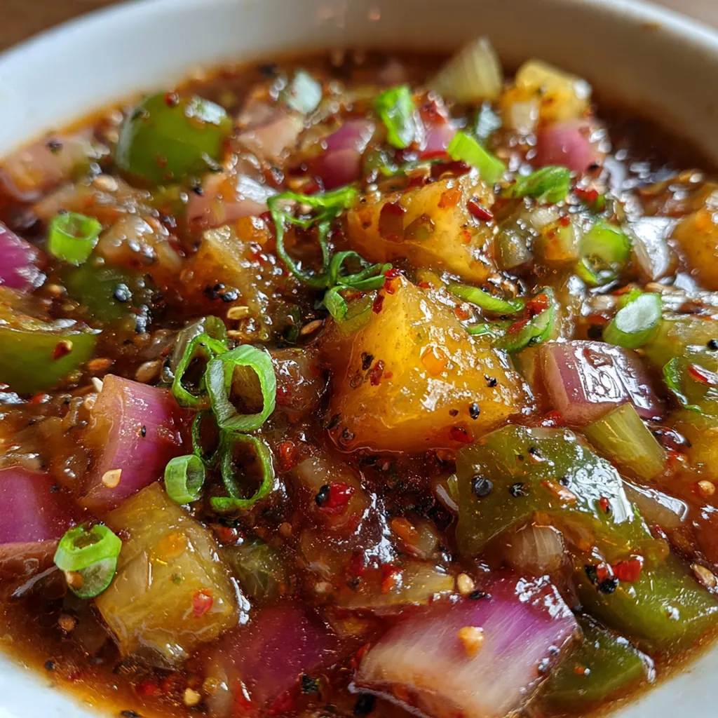 A jar of sweet onion sauce next to fresh ingredients like onions and herbs