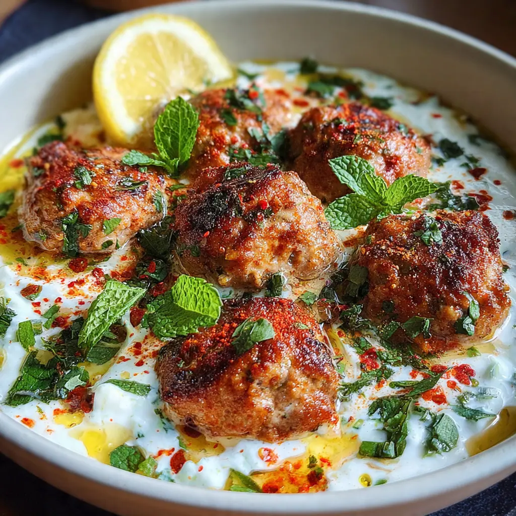 A vibrant serving platter with chicken kofta, warm pita bread, lemon wedges, and sliced red onion