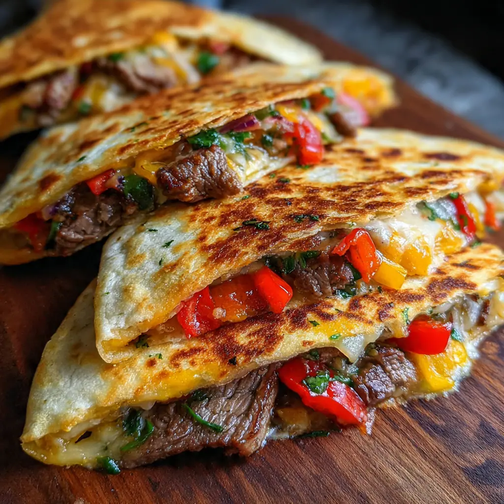 Overhead shot of a Pepper Steak Cheesy Quesadilla on a plate with lime wedges, salsa, and fresh cilantro garnish