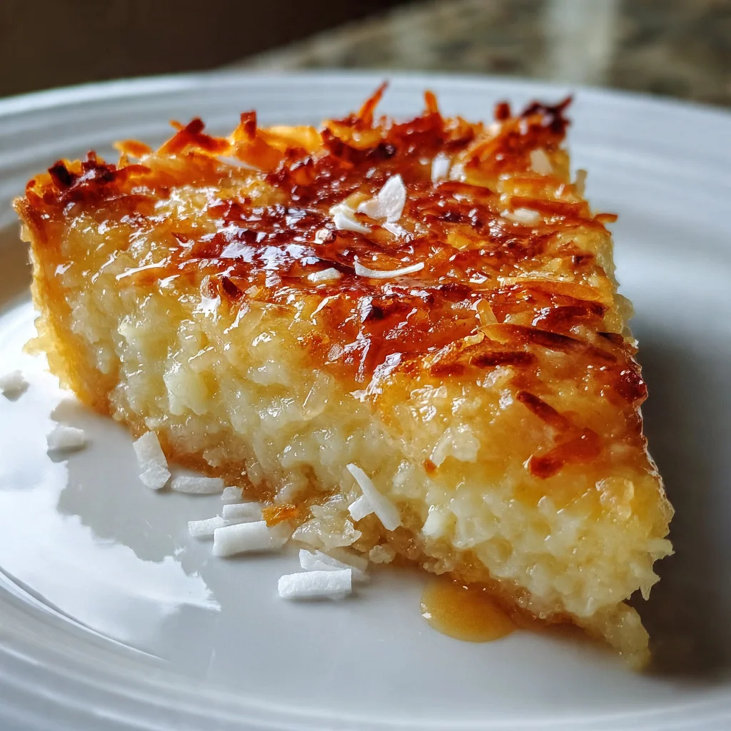 A piece of old-fashioned coconut pie on a plate next to a scoop of vanilla ice cream