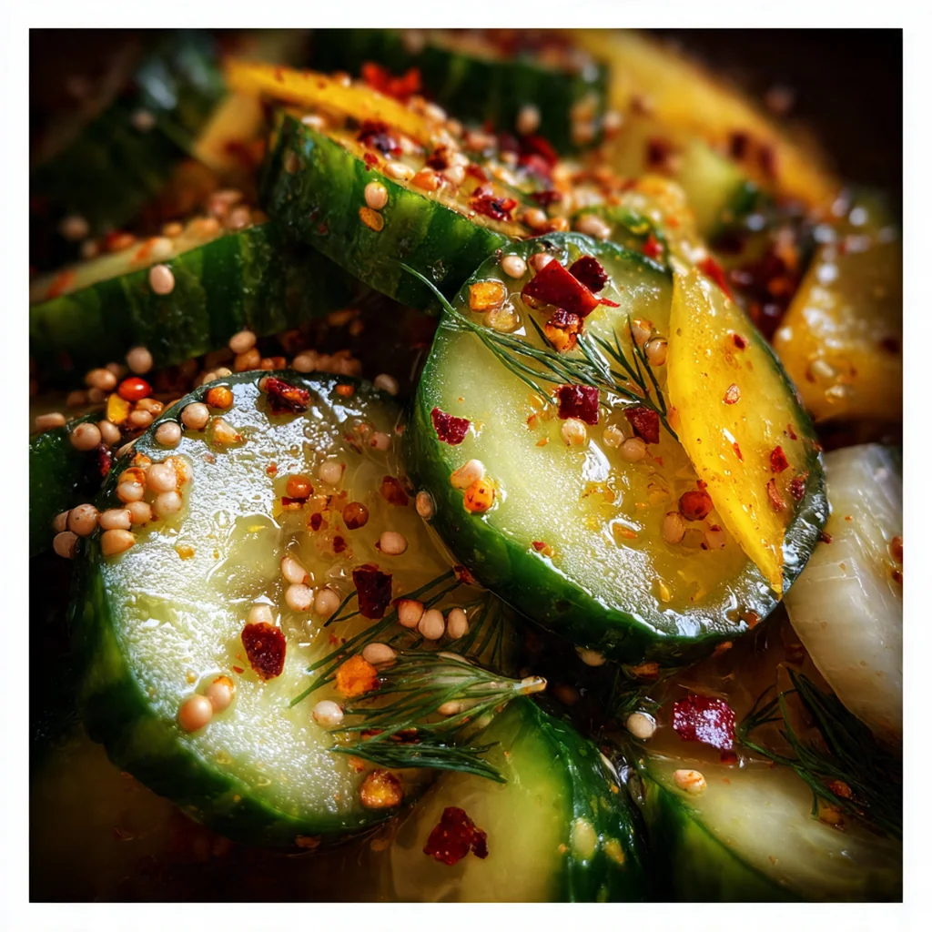 Close-up of a fork lifting a crisp pickle coin with jalapeño and bell pepper strips