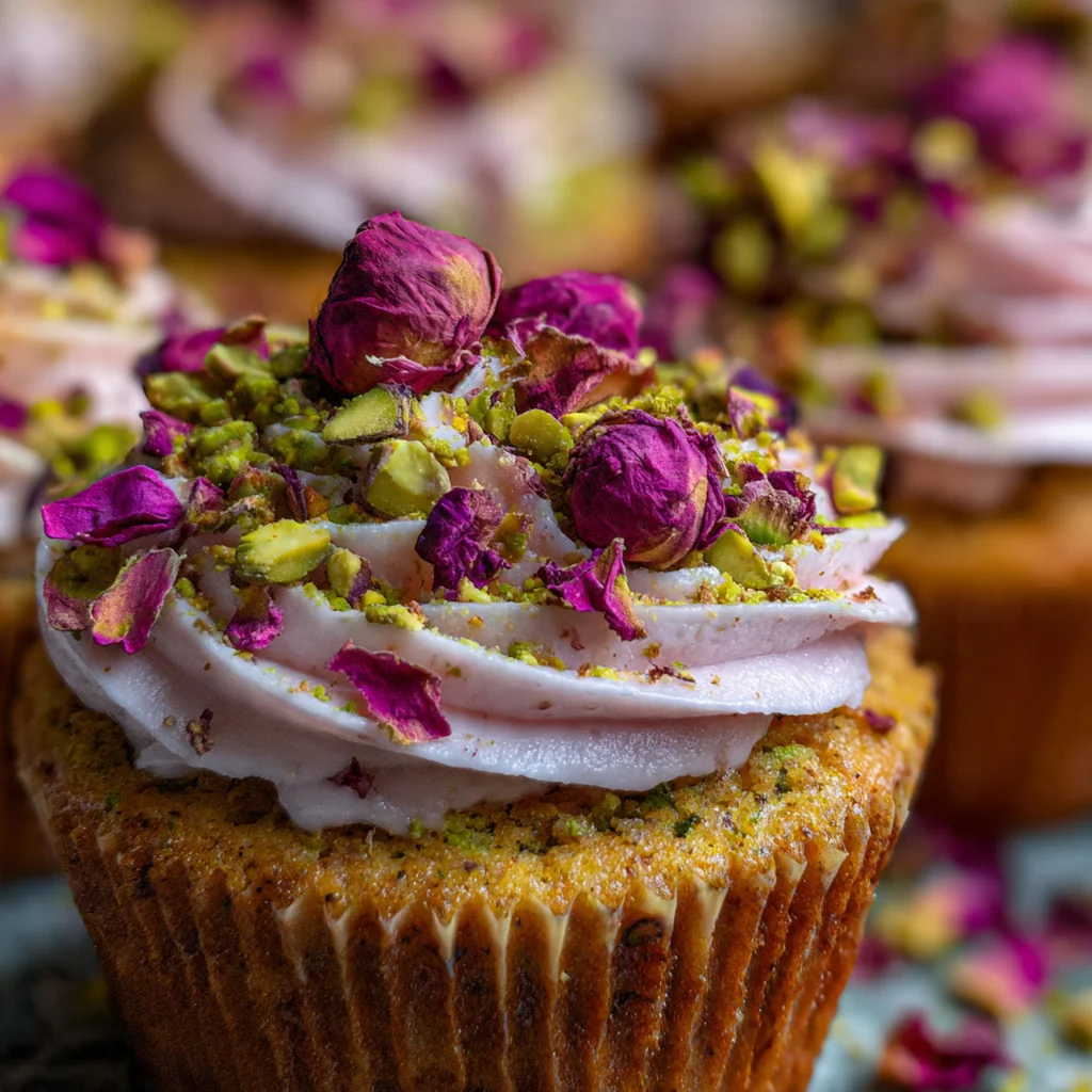 Freshly baked pistachio cupcakes with delicate rose water frosting and edible flower petals