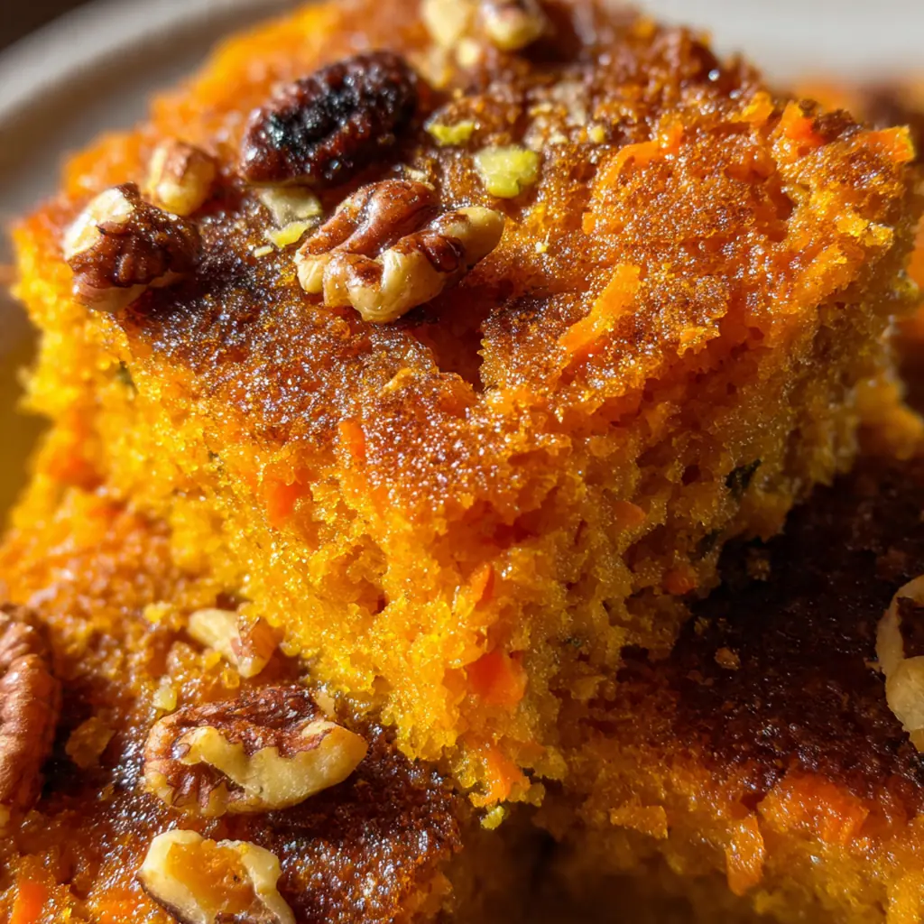 Whole steamed carrot cake in bundt pan with cream cheese frosting drizzle and chopped nuts
