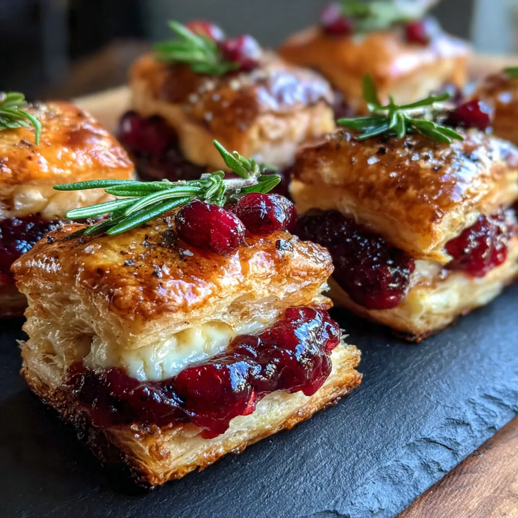 Close-up of a single Cranberry Brie Bite with oozing cheese and toasted pecans
