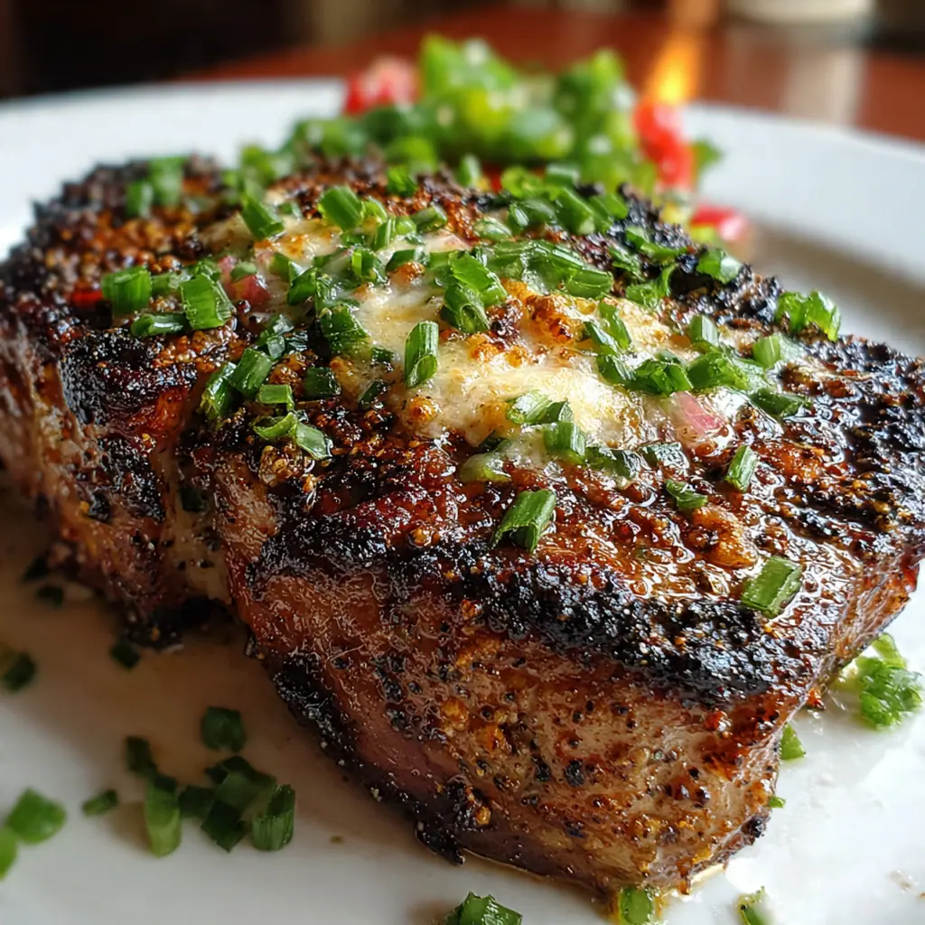 Close up view of sliced Cajun steak revealing a juicy pink center covered in the creamy cheesy topping