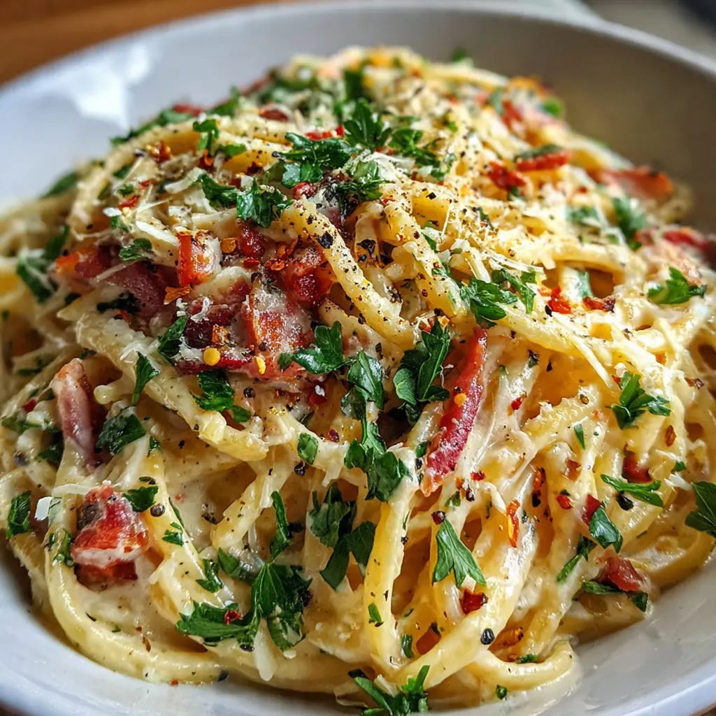 Close-up of a fork twirling fettuccine coated in a velvety cheese sauce with crispy bacon bits