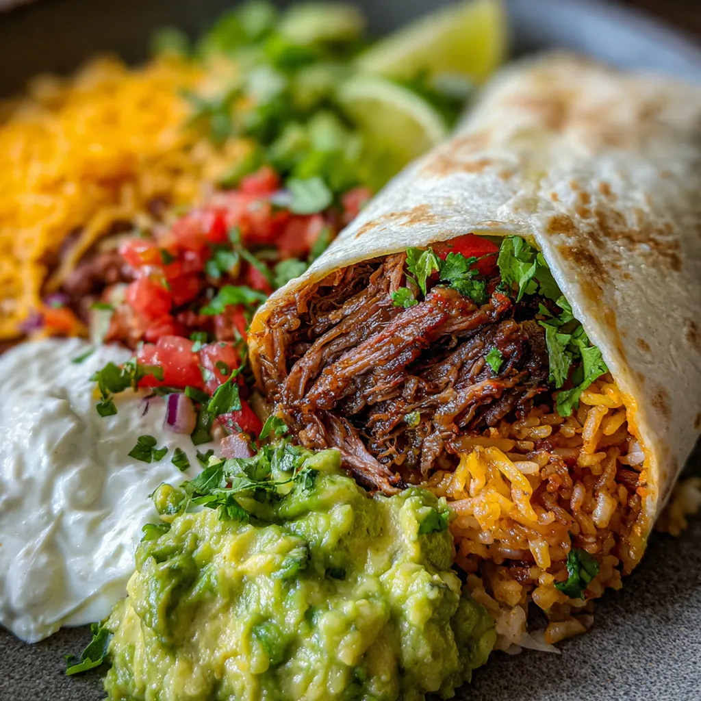 A plated smoked beef rib burrito with lime wedges and fresh cilantro garnish on a rustic table