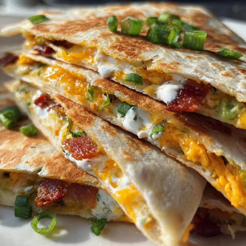 Close-up of melted cheese, bacon, and chicken pulling apart from a freshly cut quesadilla wedge