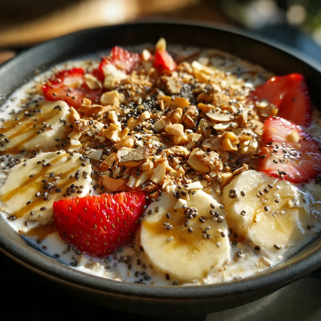 All the ingredients for overnight oats arranged neatly on a counter: oats, banana, berries, yogurt, and chia seeds