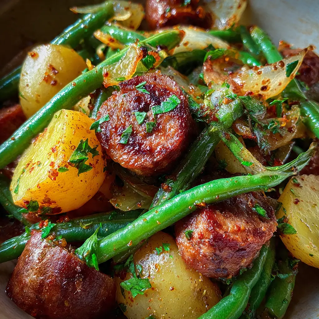Close-up of a fork lifting tender potatoes and crisp green beans with slices of browned sausage
