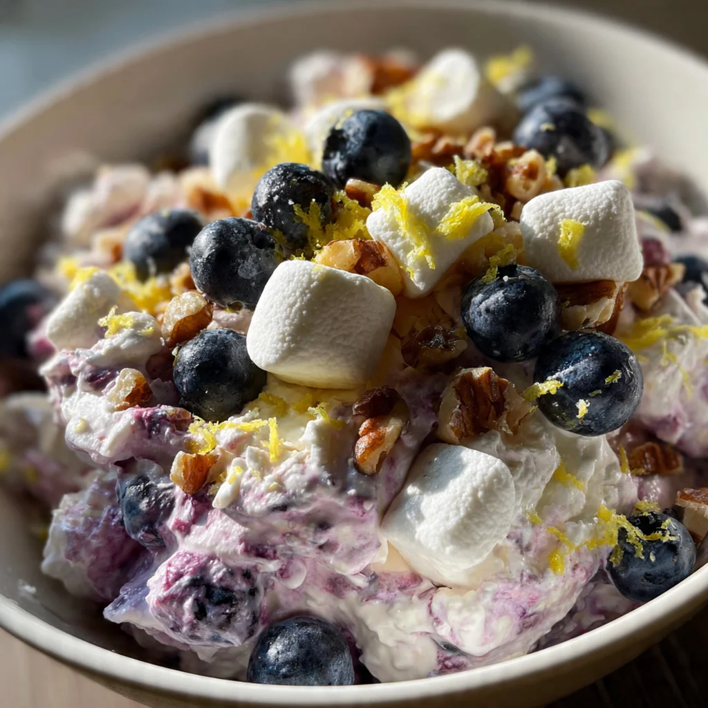 Close-up of a spoonful of fluffy blueberry salad with swirls of purple filling and mini marshmallows