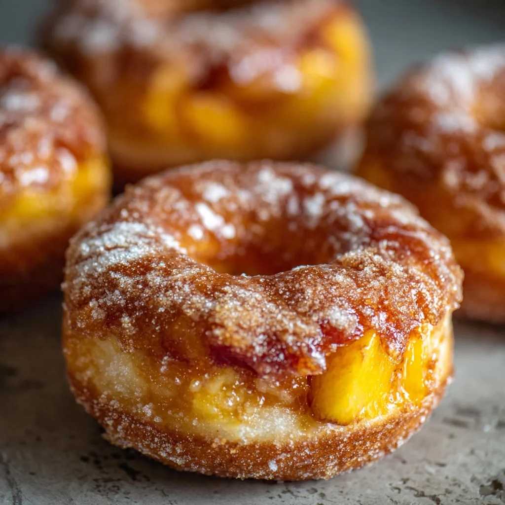 A rustic wooden board piled high with glazed donuts next to a bowl of fresh peaches and cinnamon
