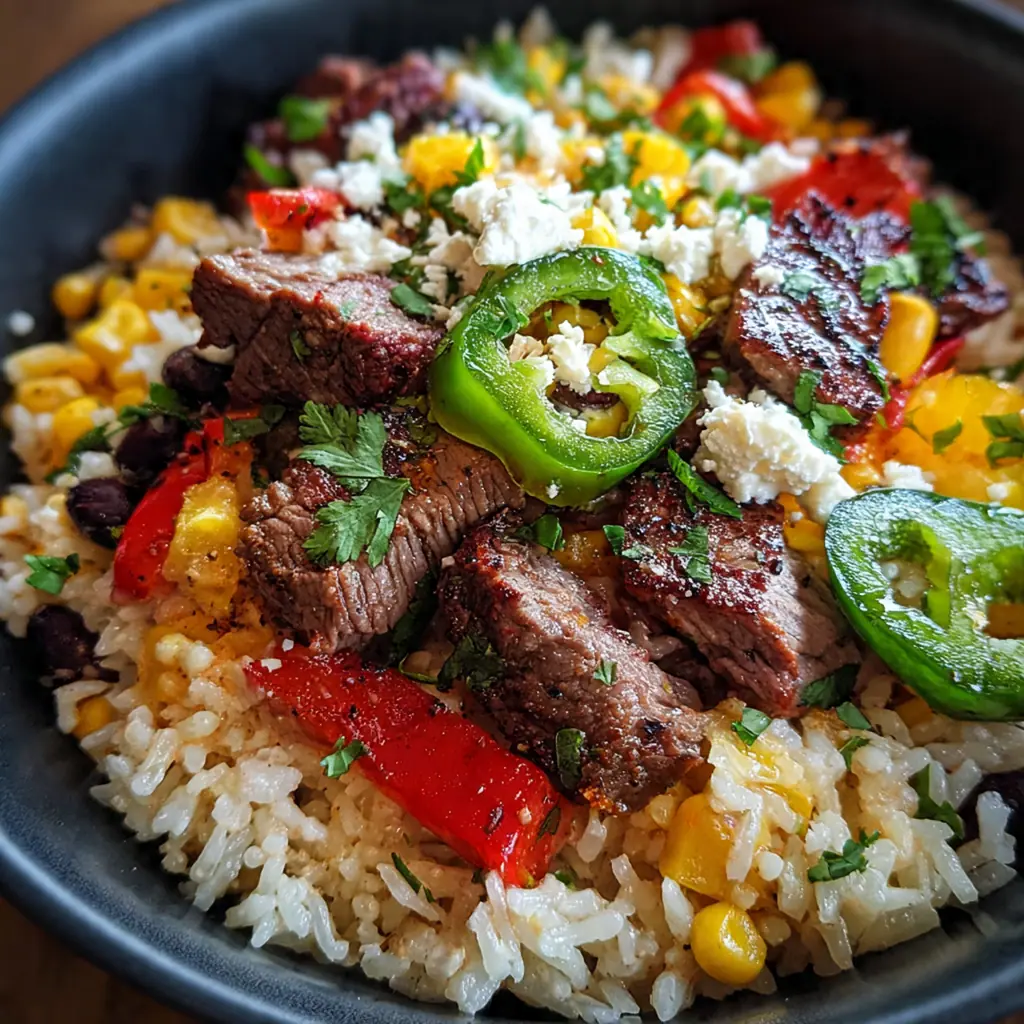 Close-up of a fork twisting through creamy queso rice with tender slices of flank steak and red bell peppers.