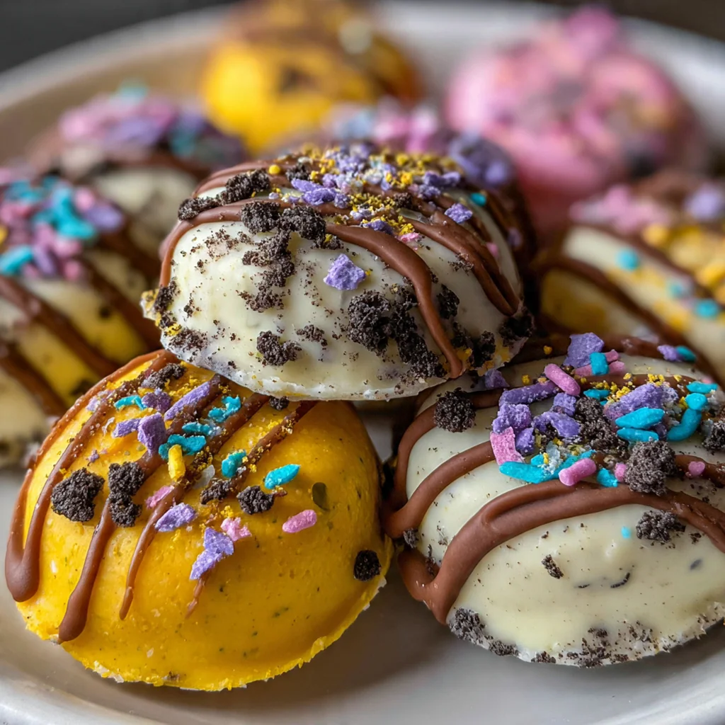 A close-up shot showing the creamy Oreo filling inside a truffle that has been broken in half.