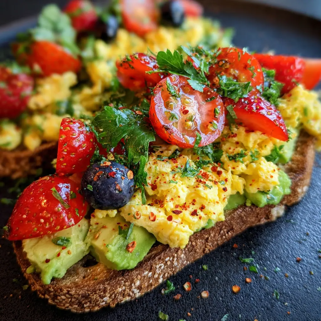 Close-up of creamy avocado mash and soft scrambled eggs piled high on rustic toasted sourdough