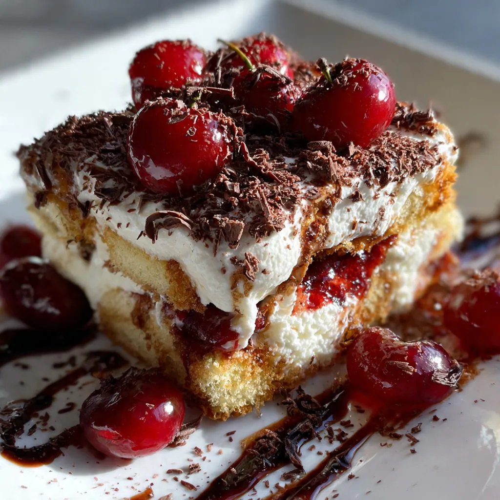 Overhead view of the assembled tiramisu in a baking dish before chilling