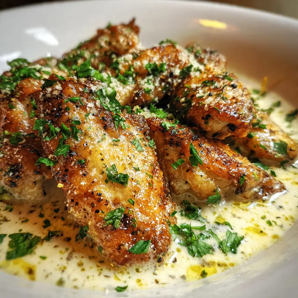 Creamy Alfredo chicken wings served on a rustic wooden board with celery sticks and a lemon wedge.
