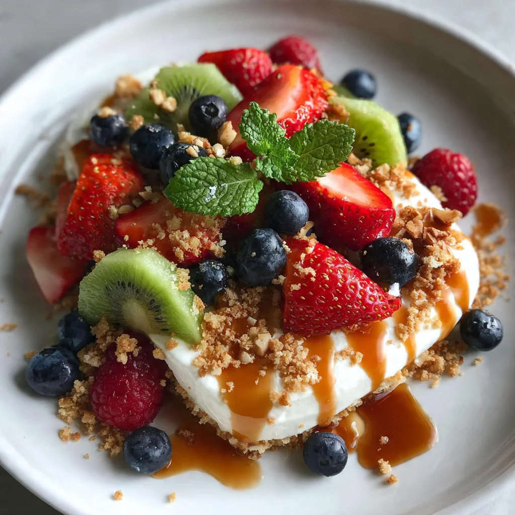 A beautiful glass bowl filled with colorful fruit salad topped with pecans and a fresh mint garnish
