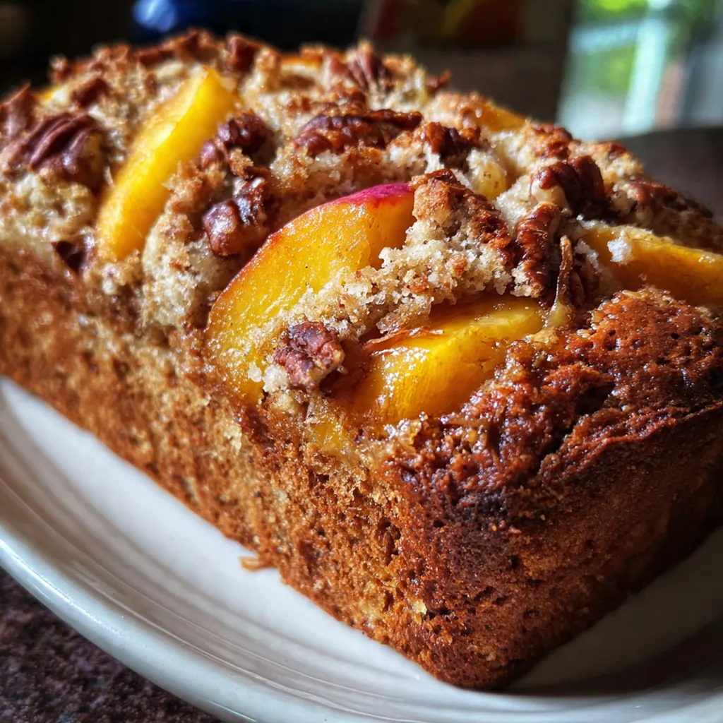 A complete breakfast setting with a slice of peach bread, a pat of butter, and a mug of coffee